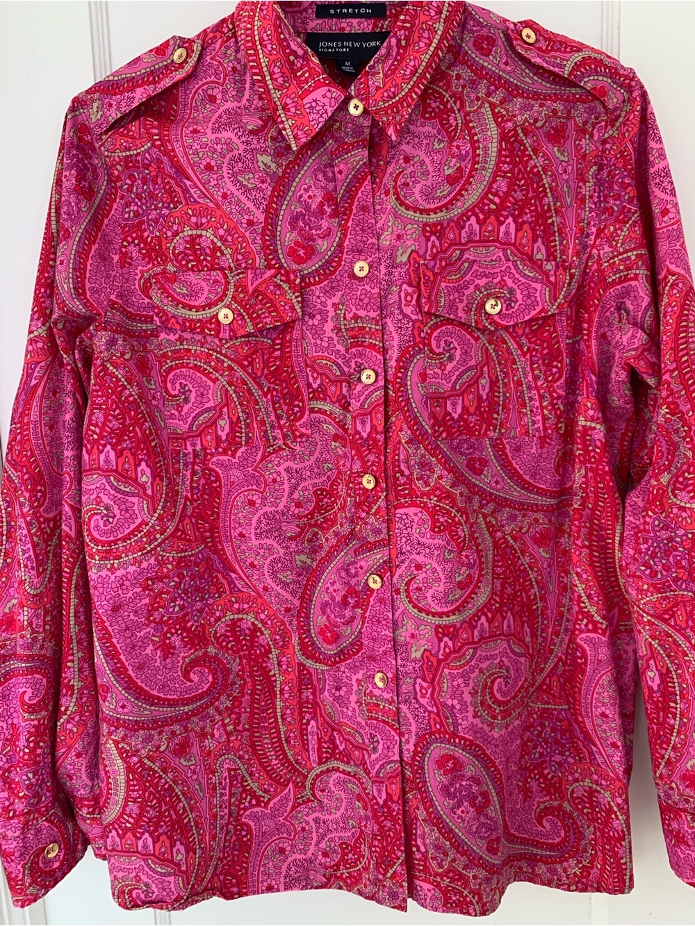 Jones New York Women’s Pink Paisley Button-Down Shirt with Gold Buttons